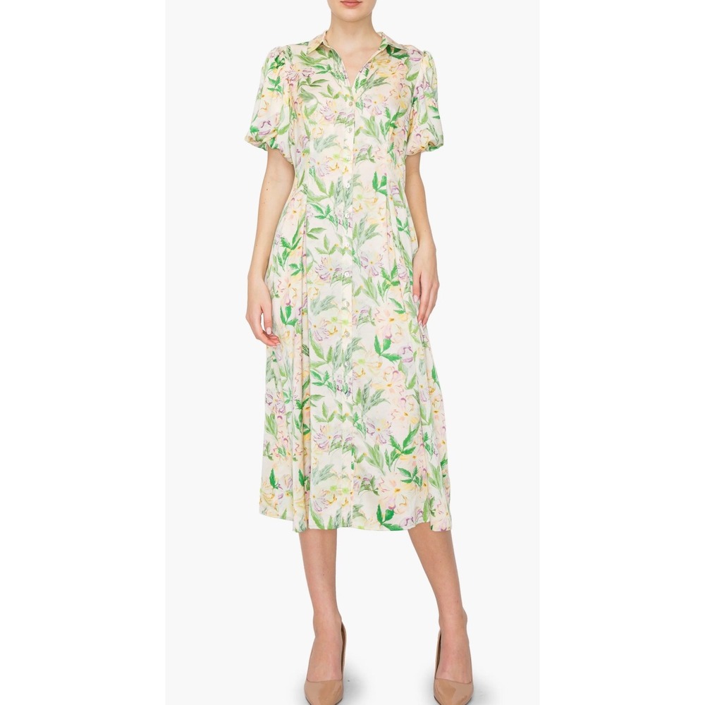 Melloday Floral Shirt Dress Womens Size Small‎ Cream Green Midi Puff Sleeve